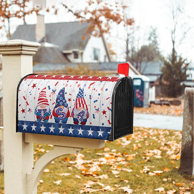 Patriotic Gnomes Mailbox Cover Magnetic 4th of July Elf USA Stars Independence Day Mailbox Wrap Post Cover Standard Size 21"x18" for Garden Yard Outdoor Outside Holiday Decor