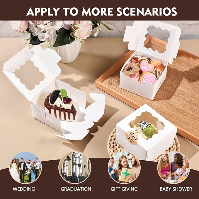 24 Pcs Cookie Boxes with Window, 4x4x2.5 Inches White Bakery Boxes with Stickers & Parchment Paper for Cookies Treats Desserts Donuts Pastry Macaroon, Gift Giving Party Wedding Favor