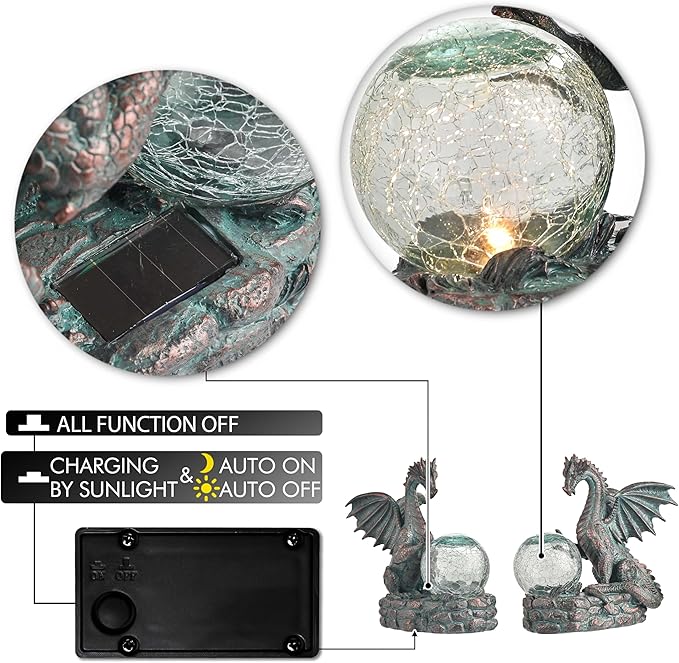 TERESA'S COLLECTIONS Dragon Outdoor Statues with Solar Crackle Globe Light, Resin Bronze Gothic Garden Decor,Touching Magic Ball Resin Lawn Ornaments for Patio Yard Decorations Gifts for Mom Dad, 6"