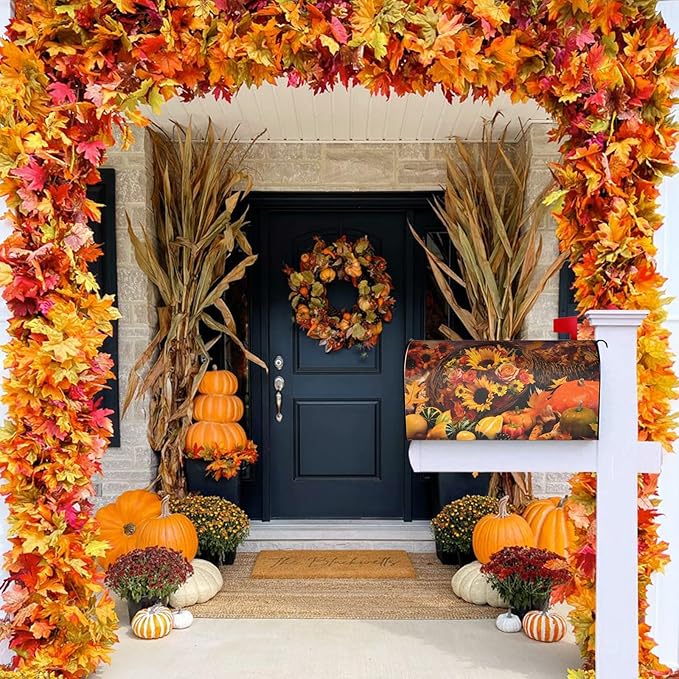 Thanksgiving Bounty Cornucopia Mailbox Cover, Autumn Fall Pumpkin Waterproof Magnetic Letter Box Cover, Standard Size Sunflower Mail Wraps Post Garden Decorations 21" Lx 18" W