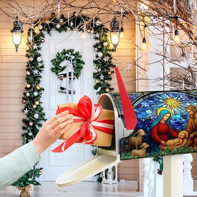 Blosssound Christmas Magnetic Mailbox Cover Standard Size 21 X18 Inch Xmas Windows Nativity Scene Mailbox Covers Decor Retro Religious Christmas Post Box Garden Yard Outdoor Decoration