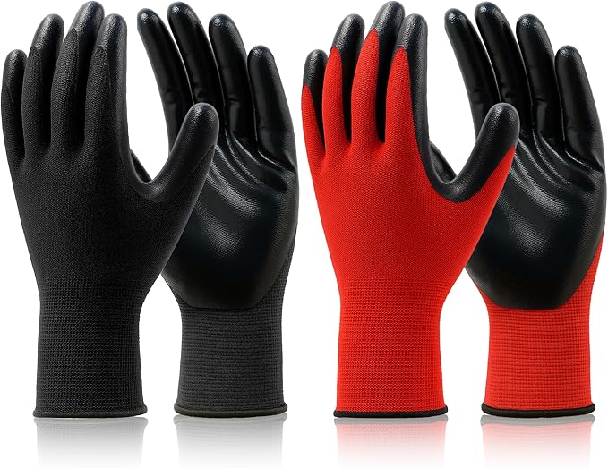 DF DUALFERV Gardening Gloves for Men, 24 Pairs Black & Red Breathable Rubber Coated Large Outdoor Yard Gloves with Extended Elastic Cuffs and Stretchy Fabric for Gardening, Construction, Machinery