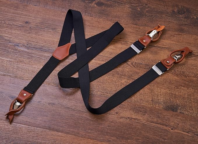 UPSONG Mens Suspenders，Brown Leather Button Tab and Clip Braces Heavy Duty Suspender Wedding Suspenders for Groom Groomsmen
