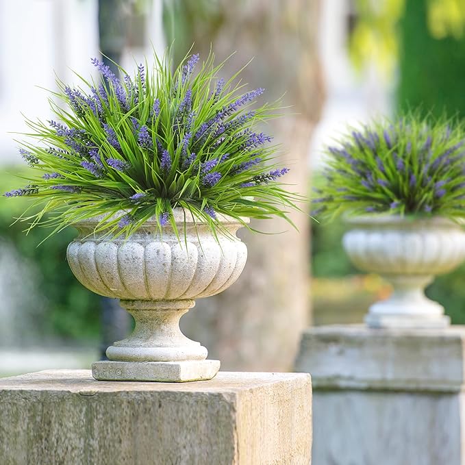 Sggvecsy 12 Bundles Artificial Plants Outdoor Faux Lavender Flowers Fake Monkey Grass UV Resistant Plastic Greenery Plants for Garden Home Porch Window Patio Hanging Planter Indoor Decor (Purple)