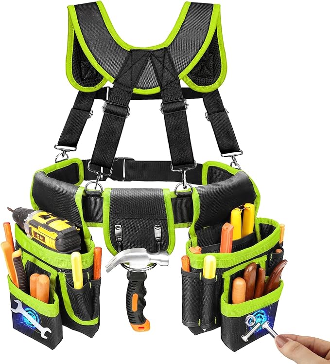 Tool Belt, Professional Tool Belts for Men, Magnetic Tool Pouch With Suspenders, Heavy Duty Detachable Adjustable Utility Belt Work Bags for Electrician, Carpenter (Black and Green, 32"-66")