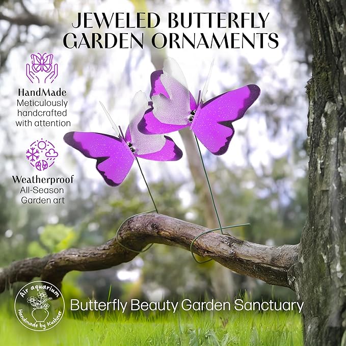 Handmade Purple Butterfly Garden Stakes Set of 7 - Decorative Outdoor & Indoor Plant Decor - Nature Lover Gift Idea by Air Aquarium Kushner