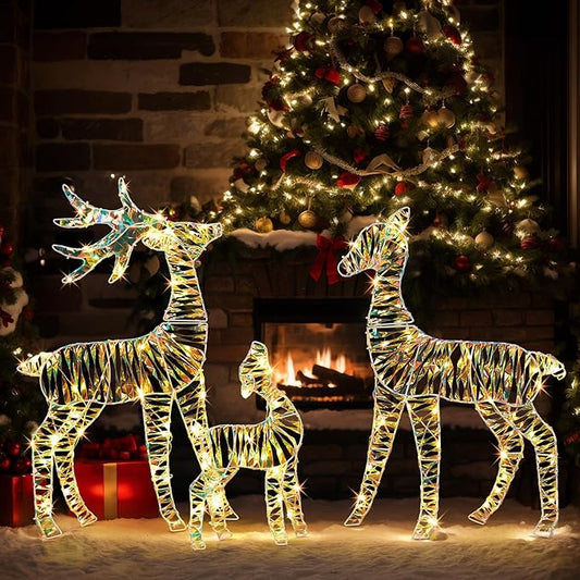 VINGLI 3-Piece Lighted Iridescent Christmas Reindeer Family Set, 3FT Buck Doe Fawn Outdoor Yard Decorations, Pre-lit 110 Warm White LED Lights, Weatherproof Xmas Lawn Garden Home Decor
