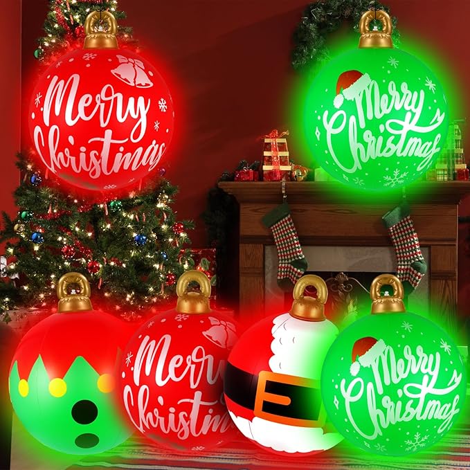 [Light up] Inflatable Ornaments Balls Outdoor 4Pcs: Flashes in Red | Green | Blue and Timer, 24 Inch Giant Christmas Inflatable Ornaments, Reusable PVC - Blow Up Ornament Balls for Yard, Porch, Party