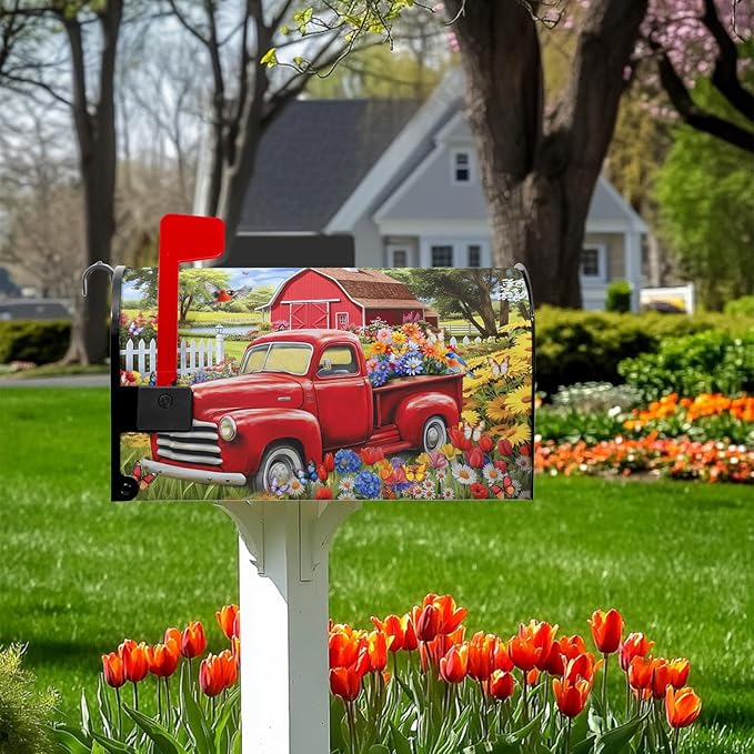 Red Truck Mailbox Cover Summer Mailbox Covers Magnetic Colorful Floral Mail Box Cover Standard Size 21x18 inch Decorations for Outside Garden Farmhouse Spring Butterfly