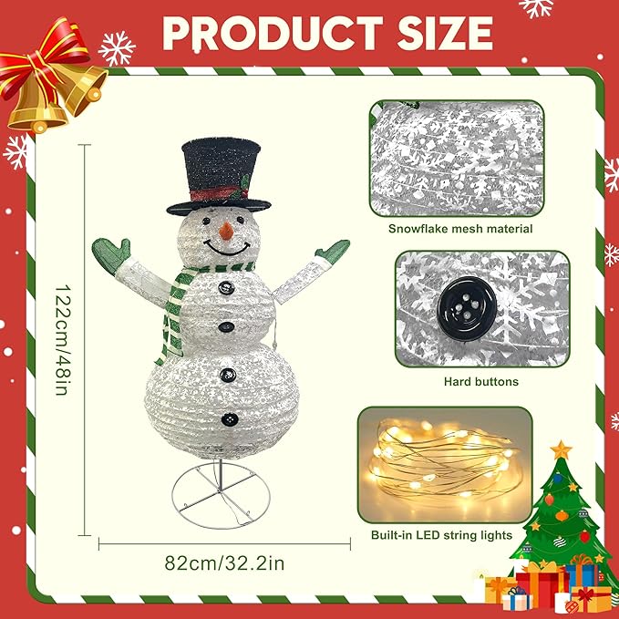 LED Lighted Christmas Snowman Decorations: JALUNIVERSAL TRI 48 Inch Collapsible Snowman Outdoor with 100 LED Lights Plug-in - for Holiday New Year Winter Garden Decor Xmas Home
