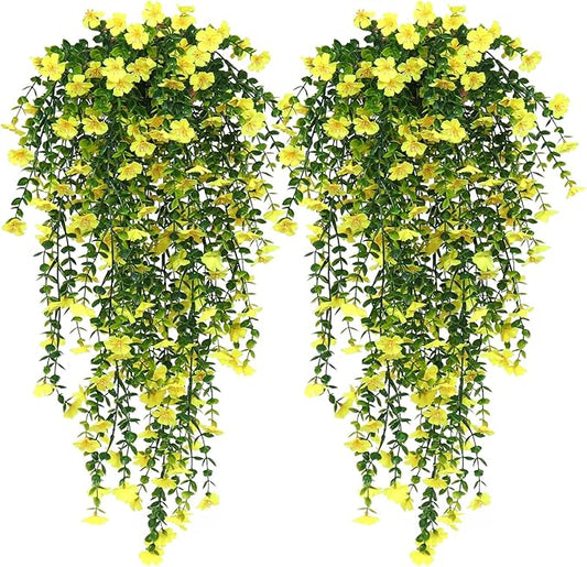 RECUTMS Artificial Hanging Flowers for Outdoors 4 Pcs Fake Mums Plant Decor Realistic Real Touch Silk Flower UV Resistant Trailing Vine Look Real for Yard Porch Patio Garden Balcony (Yellow)