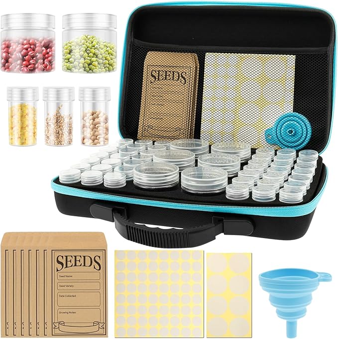 48 Slots Seed Storage Organizer, Garden Seeds Saver Kit with 7 Seed Envelopes, Label Sticker, Funnel for Flower Plants Vegetable Seeds Saving