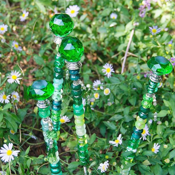 Exway 100 PCS DIY Fairy Wand Beaded Garden Stake Beads Kits with Green Large Hole Beads 4 Crystal Stopper Top Threaded Rods and 4 Green Sparkling Crystal Pendants for Outdoor Indoor Decor