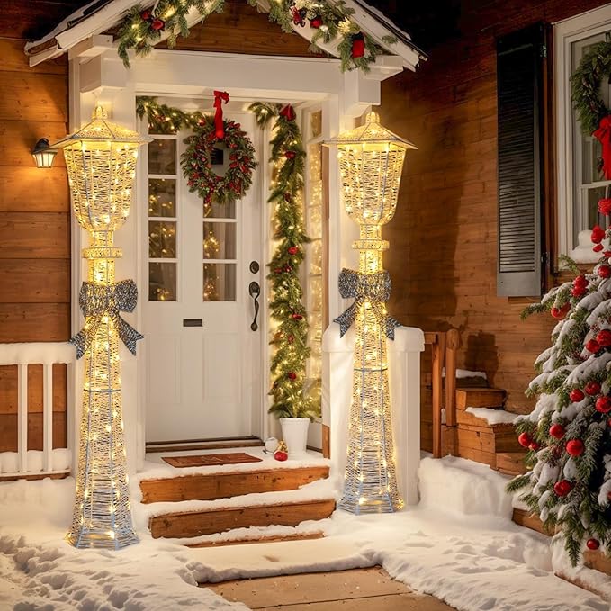VINGLI 5FT Christmas Street Lamp Post, Lighted Street Light with Bow Outdoor Christmas Decorations, Light up Christmas Decor for Indoor Outdoor Porch Lawn Yard Garden, Snow White