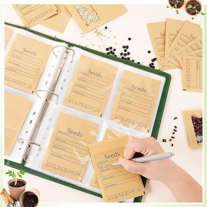 Seed Storage Organizer Binder-Garden Seed Packet Organizer with 50 Pack Seed Packet Sleeves that Stores 200 Seed Envelopes-100 Resealable Seed Saving Envelopes for Seed Storage, Seed Saver