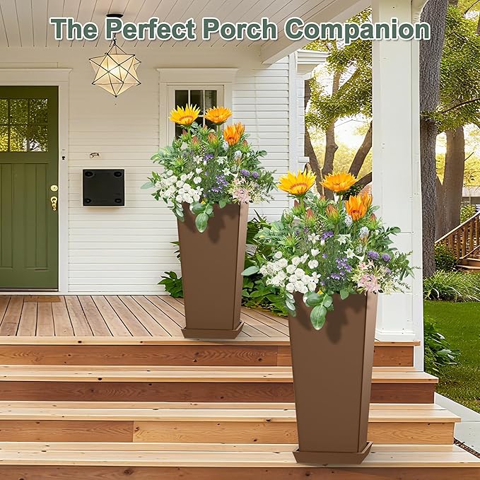 Set of 2 Large Planters for Outdoor Plants 24" Tall Tapered Modern Flower Pots with Drainage Tray for Garden, Patio, Porch (Brown)