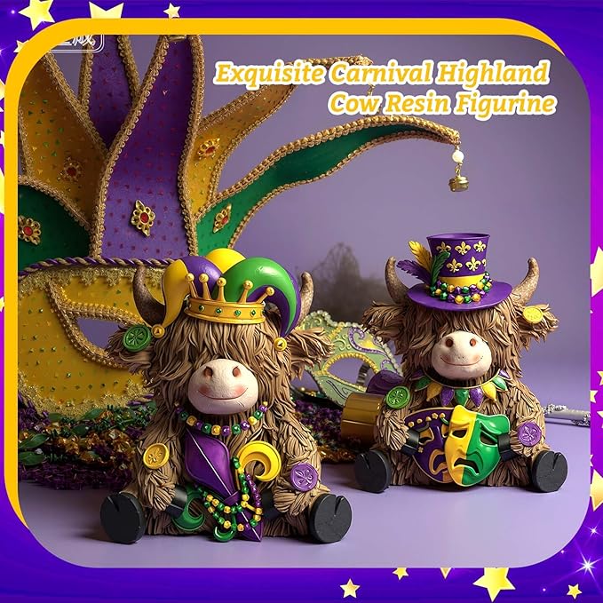 2 Pack Mardi Gras Highland Cow Resin Figurine Mardi Gras Bathroom Highland Cow Gnomes with Mask Starfish Resin Statue for Garden Table Shelf Home Decor Calf Gnome Herd Gifts