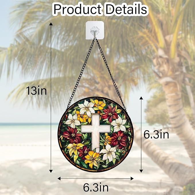 Stained Glass Window Hanging, Cross Flowers Sun Catchers Colorful Glass Panel Christianity Suncatcher Decor for Birthday for Women, Men, Wife, Aunt, and Mom 6.3 in