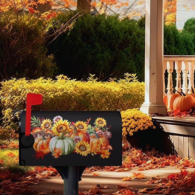 Fall Magnetic Large Size Thanksgiving Pumpkin Mailbox Cover With Maple Leaves - Waterproof Decor Flower Wraps for Garden Oversize 25.5 x 21 Inch