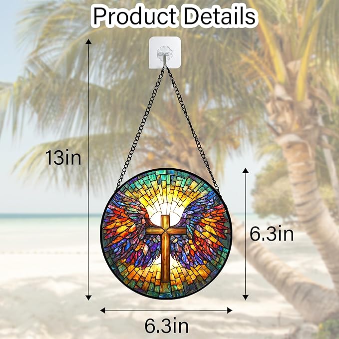 Stained Glass Window Hanging - Jesus Cross Wings Suncatcher Ready to Hang Window Doors Home Decoration and Christmas, Mother's Day Birthday Gifts for Women, Men, and Mom 6.3x6.3 in