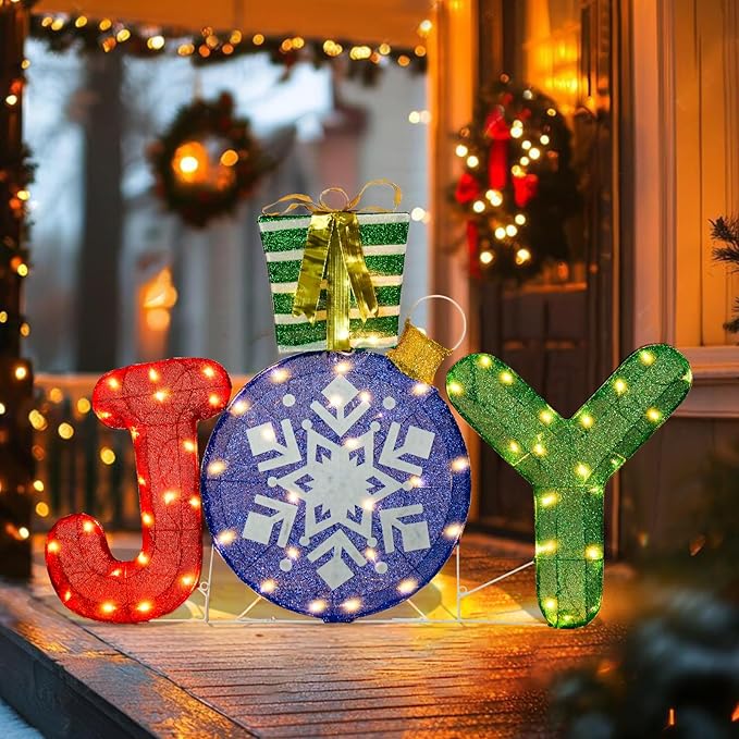 Lighted Christmas Joy Outdoor Decoration 3D Joy with Gift Box Glittered Lighted Up Standing Ornament Outdoor Indoor Christmas Decoration for Home Lawn Yard Garden Display