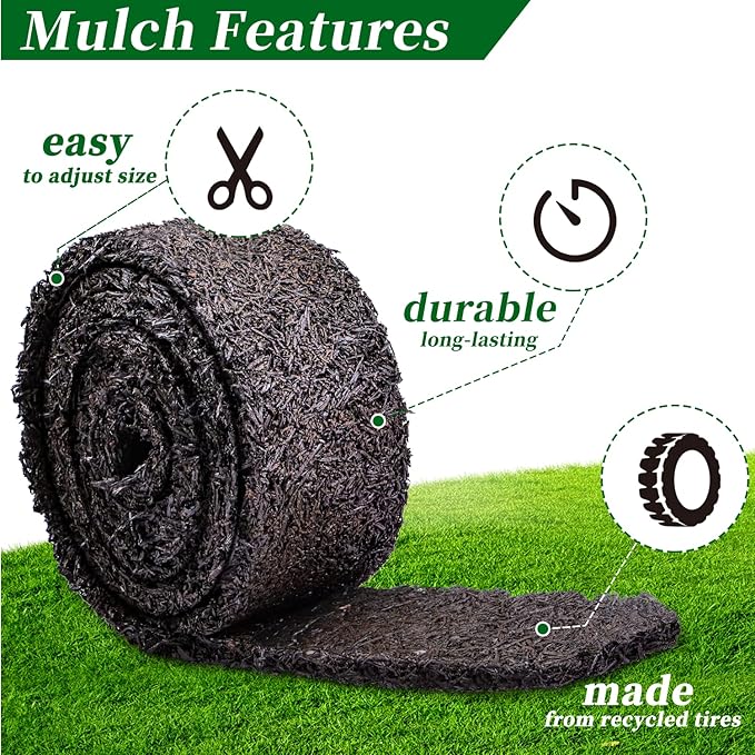 Rubber Mulch for Landscaping 4 Pack 120“ L x 4.5”W Recycled Garden Edging Border Mat Natural Looking Permanent Garden Mulch Barrier for Plants Vegetables & Flowers 60 U-Shaped Steel Stakes