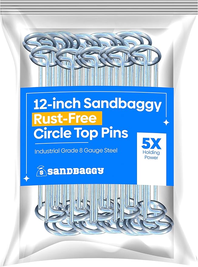 Sandbaggy 12-inch Circle Top Pins - Landscape Staples (Galvanized) - Garden Stakes for Landscaping, SOD - Heavy Duty Ground Stakes, Lawn Turf Spikes, Christmas Decorations, Weed Mats (50 Pins)