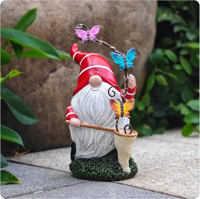 Solar Powered Gnome Garden Statue with Iron Butterflies - LED Lighted Garden Decorations, Resin Gnome with Butterfly Net, Gifts for Women and Men，Outdoor Decor Ornaments for Outside