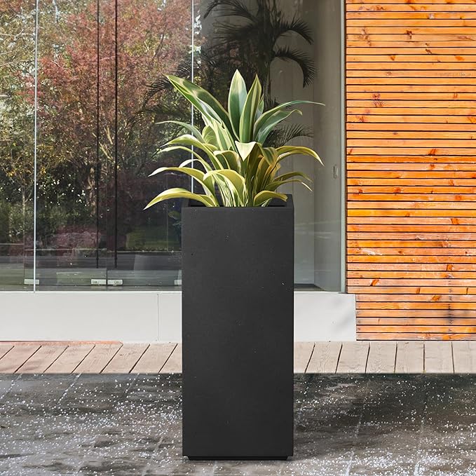 Kante 23.6" H Tall Rectangular Concrete Planter, Modern Square Diameter Plant Pot with Drainage Hole and Rubber Plug for Indoor Outdoor Home Patio Garden, Black