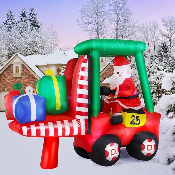 8FT Long Christmas Inflatables Decorations, Outdoor Santa Forklift Truck Decoration, Giant Blow Up with with Built-in LED Lights for Yard Garden Lawn Holiday Decor