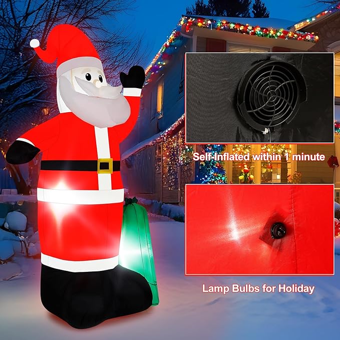 8FT Christmas Inflatable Santa Claus with Waving Hand & Built-in LED Lights, Outdoor Blow Up Santa Yard Decoration for Holiday Party, Garden, Lawn, Indoor Xmas Decor