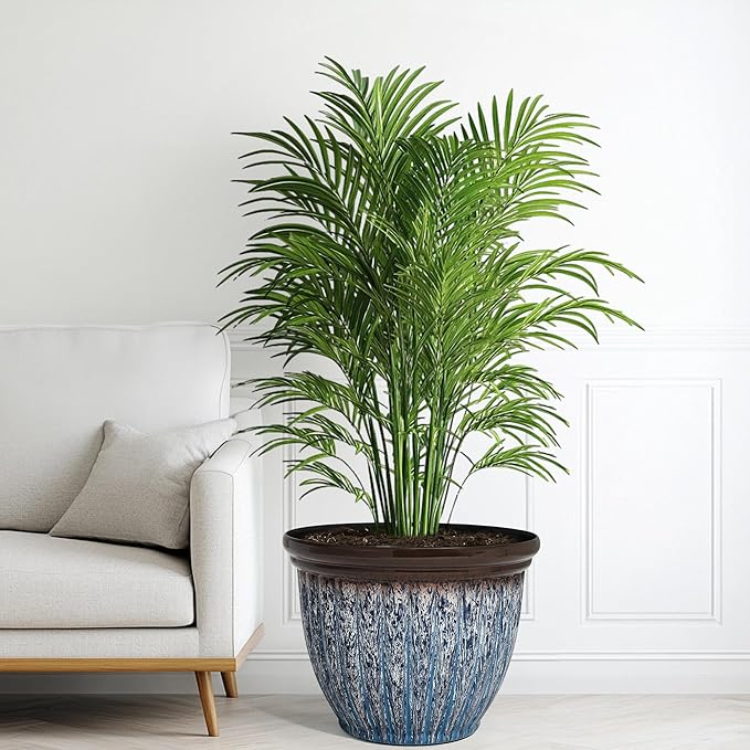 15" D Large Flower Pots, 2-Pack Big Planters for Indoor Outdoor Plants, UV-Protect PP Container for Garden Patio Yard Balcony Porch or Home Decor, Artistic Floating Blue & Brown Glaze