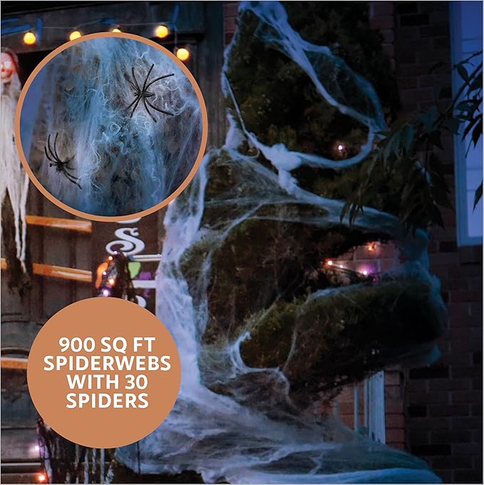 50 Piece Halloween Decorations Outdoor Set, All Included Decor Kit, Hanging Skeleton Ghost, Purple & Orange String Lights, Spider Webs, Creepy Cloth, Caution Tape, Pumpkin Lights, Yard & Door Signs