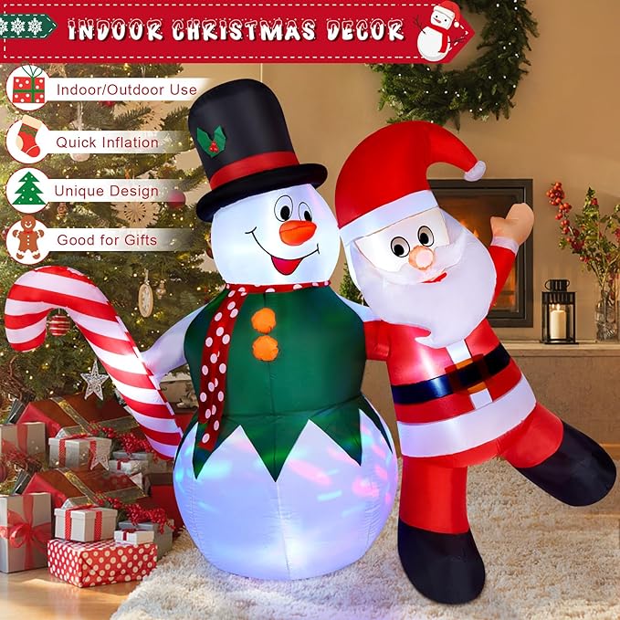 CAMULAND Christmas Inflatable, 6FT Inflatable Snowman and Santa Claus with Built-in LED Lights, Outdoor Christmas Decorations Blow-up Decor for Yard, Garden and Party