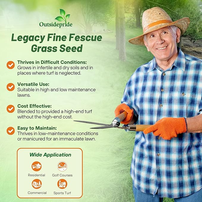 Outsidepride Legacy Fine Fescue Grass Seed Mix - 5 lbs. Shade & Sun Tolerant Blend of Hard Fescue, Chewings Fescue & Creeping Red Fescue with OptiGrowth Coating for Better Establishment