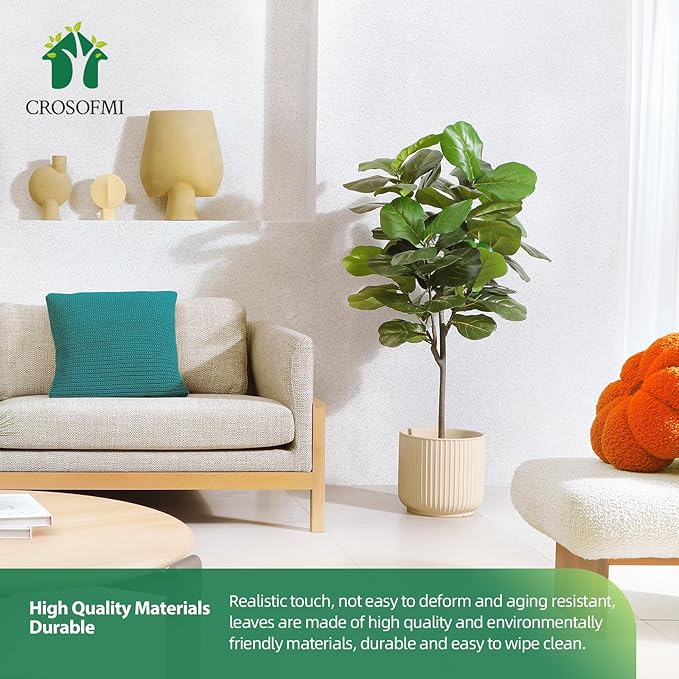 CROSOFMI Artificial Fiddle Leaf Fig Tree 50 Inch Fake Ficus Lyrata Plant with 56 Leaves Faux Plants in Pot for Indoor Outdoor House Home Office Garden Modern Decoration Perfect Housewarming Gift
