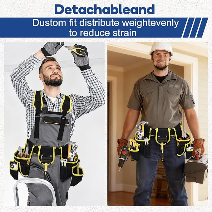 Tool belts for men - multi-functional detachable adjustable tool belt with shoulder strap magnetic wristband set, suitable for electricians and carpenters。 (black and yellow)