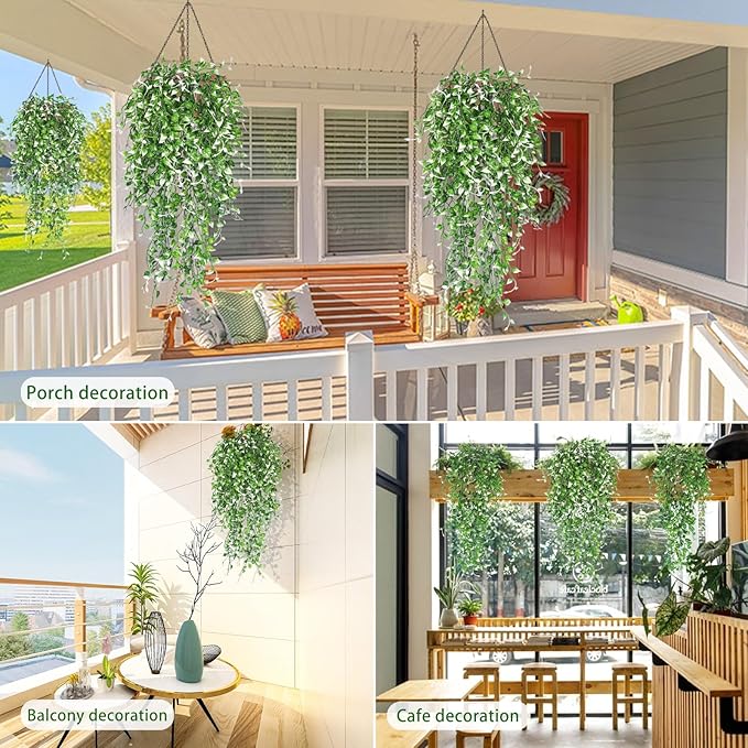 RECUTMS 4PCS Artificial Hanging Plants 33Inch Fake Wall Plant Faux Eucalyptus Leaves Ivy Swag UV Resistant Greenery for Indoor Outdoor Home Office Garden Wedding Patio Spring Easter Party Decor(White)