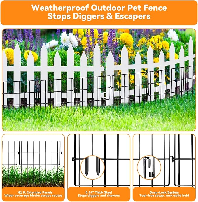 45 Pack Animal Barrier Fence No Dig Garden Defense, 45ft(L) x 13in(H) Rabbit Proof Garden Fencing with 1.2in Gaps, Metal Rabbit Fence, Dog Blocker Under Barriers for Flower Beds & Patio
