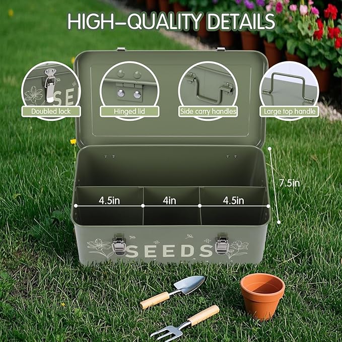 Seed Storage Organizer, Seed Saving Box with Lid, Metal Seed Bin Seed Packet Container with 100 Plant Labels 50 Seed Envelopes 50 Plant Clips 1 Marker Pen, 4 Compartments Box with Locks, Green