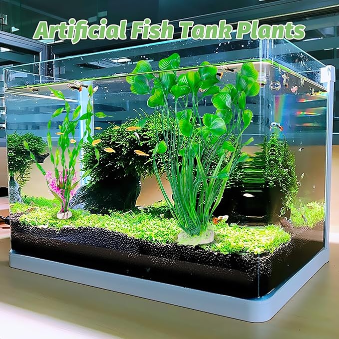 Hamiledyi Artificial Aquarium Plants Fish Tank Decorations, Soft Plastic Green Water Grass for Fish Habitat, Realistic Underwater Décor, Safe for Fish, 2-Pack