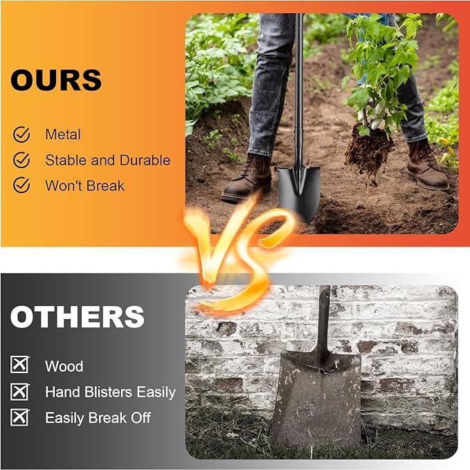 Small Shovel for Digging with 43.3 Inches Metal Handle Garden Tools, Small Transfer Shovel for Gardening Digging Camping Farming and Outdoors, Black