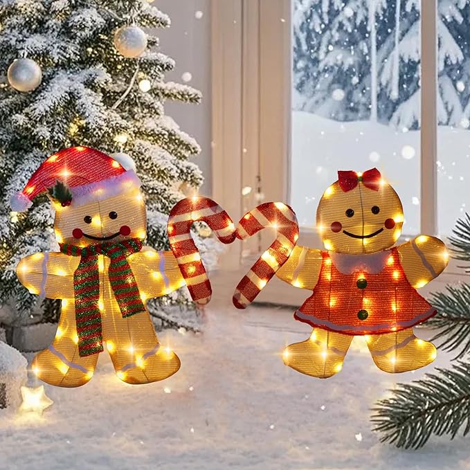 TW SHINE Christmas Outdoor Decorations Yard, Set of 2 Lighted 2D Gingerbread Man with 90 Warm White Lights, Light Up Gingerbread Man Couple for Xmas Holiday Front Garden Patio Lawn Display