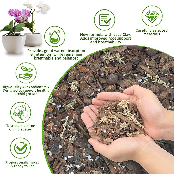 Orchid Bark Potting Mix - 18QT Fast-Draining Soil with Pine Bark, Perlite, Moss & Leca Clay, Breathable Mix for Healthy Roots,Ideal for Repotting & Indoor Orchid Plants