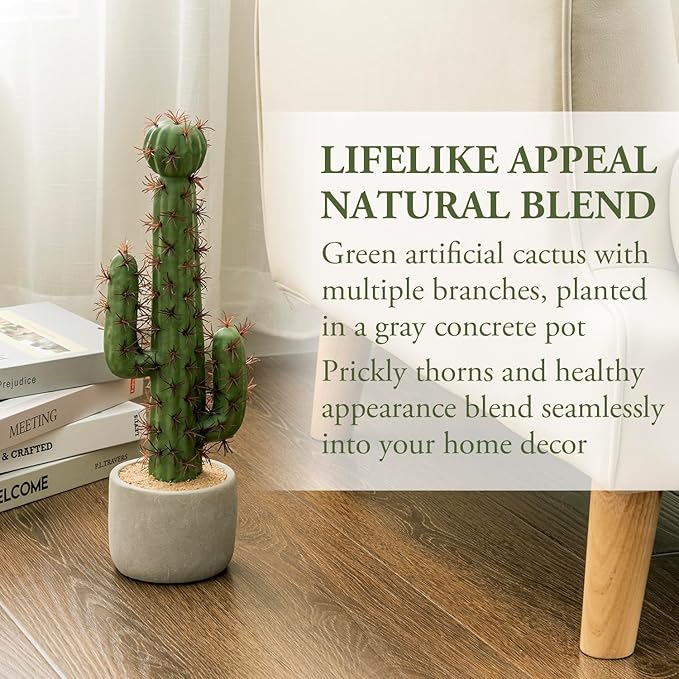 MyGift 16 Inch Artificial Fake Cactus Saguaro Plant in Cement Planter Pot, Southwest Decor Indoor Faux House Plant