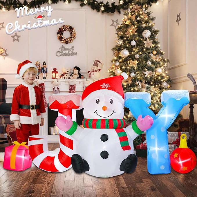 Christmas Inflatable Outdoor Decorations, Inflatable Snowman and Joy Built-in LED Lights Blow Up Yard Decorations for Holiday Indoor Outdoor Party Garden Lawn
