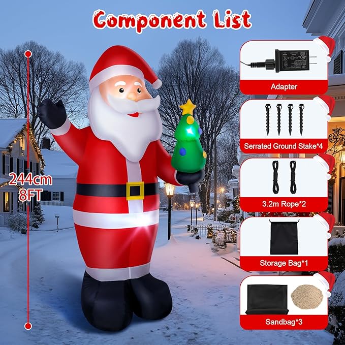 8FT Christmas Inflatable Santa Claus Outdoor Decorations, Inflatable Santa with Xmas Tree Built-in LED Lights, Blow Up Yard Decorations for Holiday Xmas Party Indoor Garden Lawn