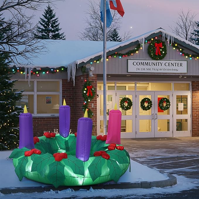 6ft Christmas Outdoor Large Inflatable Advent Wreath Blow up Decor with 4 Candles & LED Lights, Pre Filled Sandbags & Blower for Yard, Church, Lawn Decoration