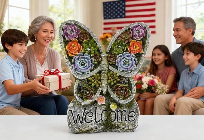 Garden Gnome Statue with Solar Lights Outdoor Statues,Patio Decor for Lawn Yard, Garden Decor Unique Birthday Housewarming Gifts for Mom Grandma Women (Butterfly Succulent Statue)