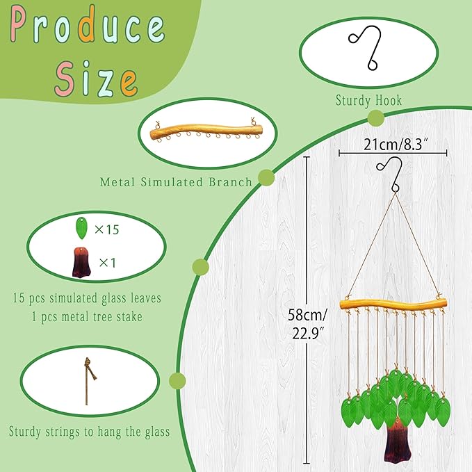 Leaf Shape Glass Wind Chimes for Outside Decoration, Green Tree Windchimes Outdoors Unique, Handcrafted Suncatcher Glass Art Wind Chimes Outdoor Gifts for Women, Hanging Outdoor Garden Decor